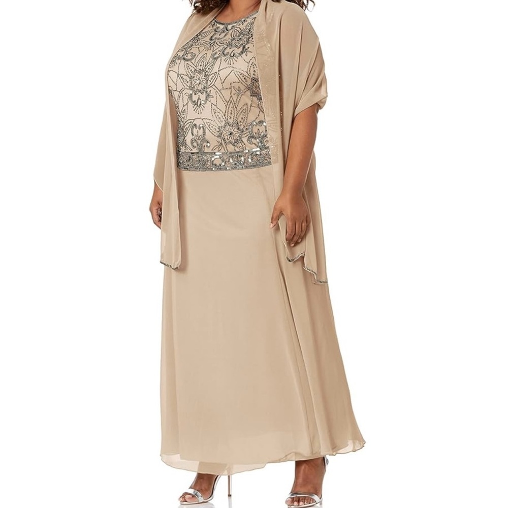 J Kara Womens Camel Sleeveless Long Formal Dress 10P Petite with Scarf NWT